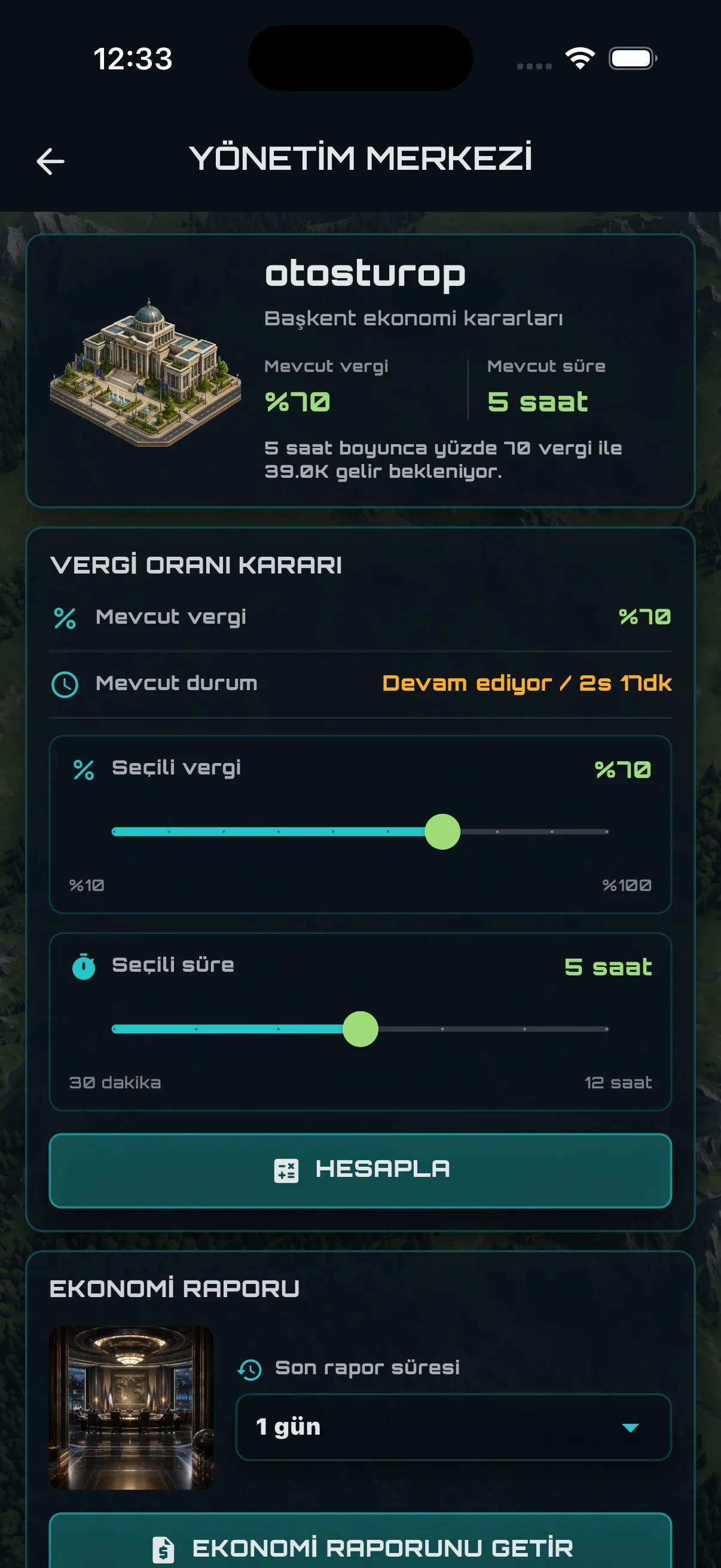 Last Colony yönetim merkezinde vergi ve karar süresi ekranı