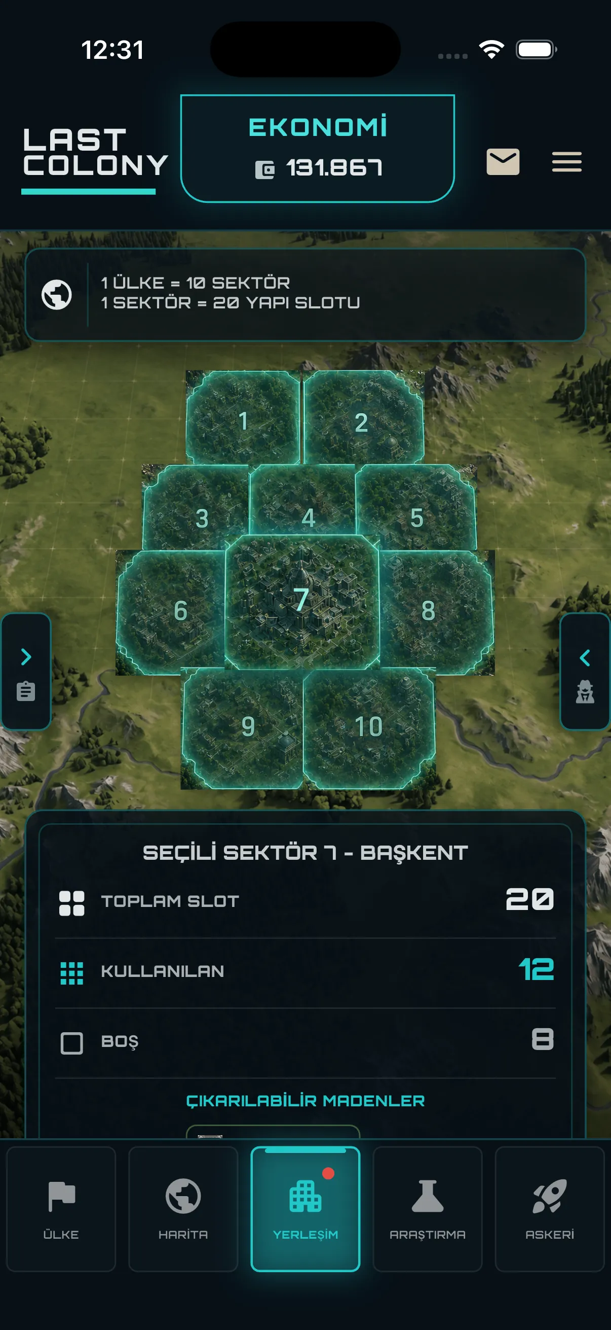 Last Colony on sektörlü ülke yerleşim ekranı
